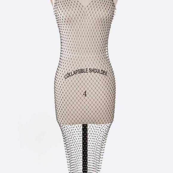Rhinestone Fishnet Mesh V Neck Knee Length Cover Up - Black - Picture 2 of 4